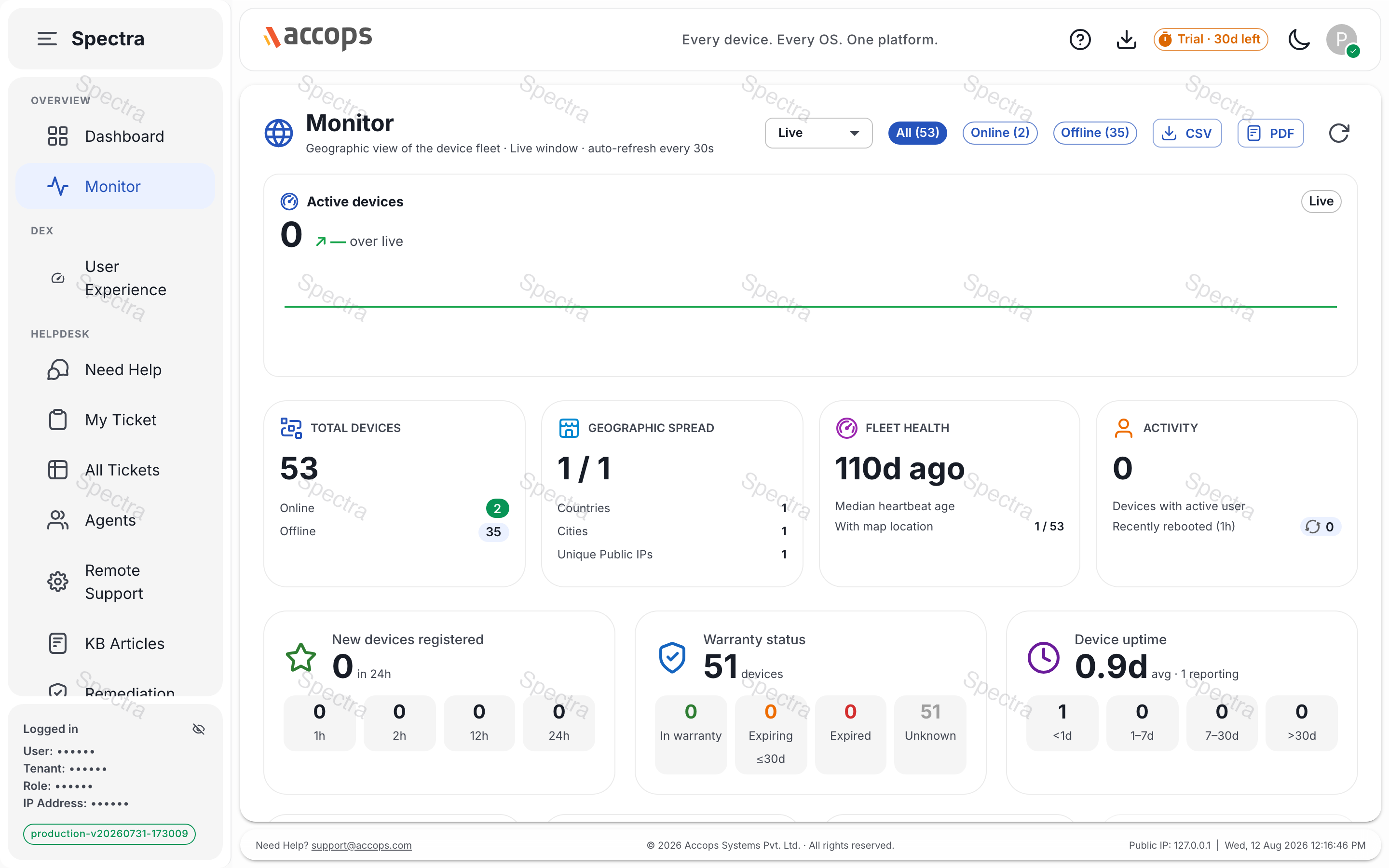 Monitor — geographic device map auto-refreshing every 30 seconds