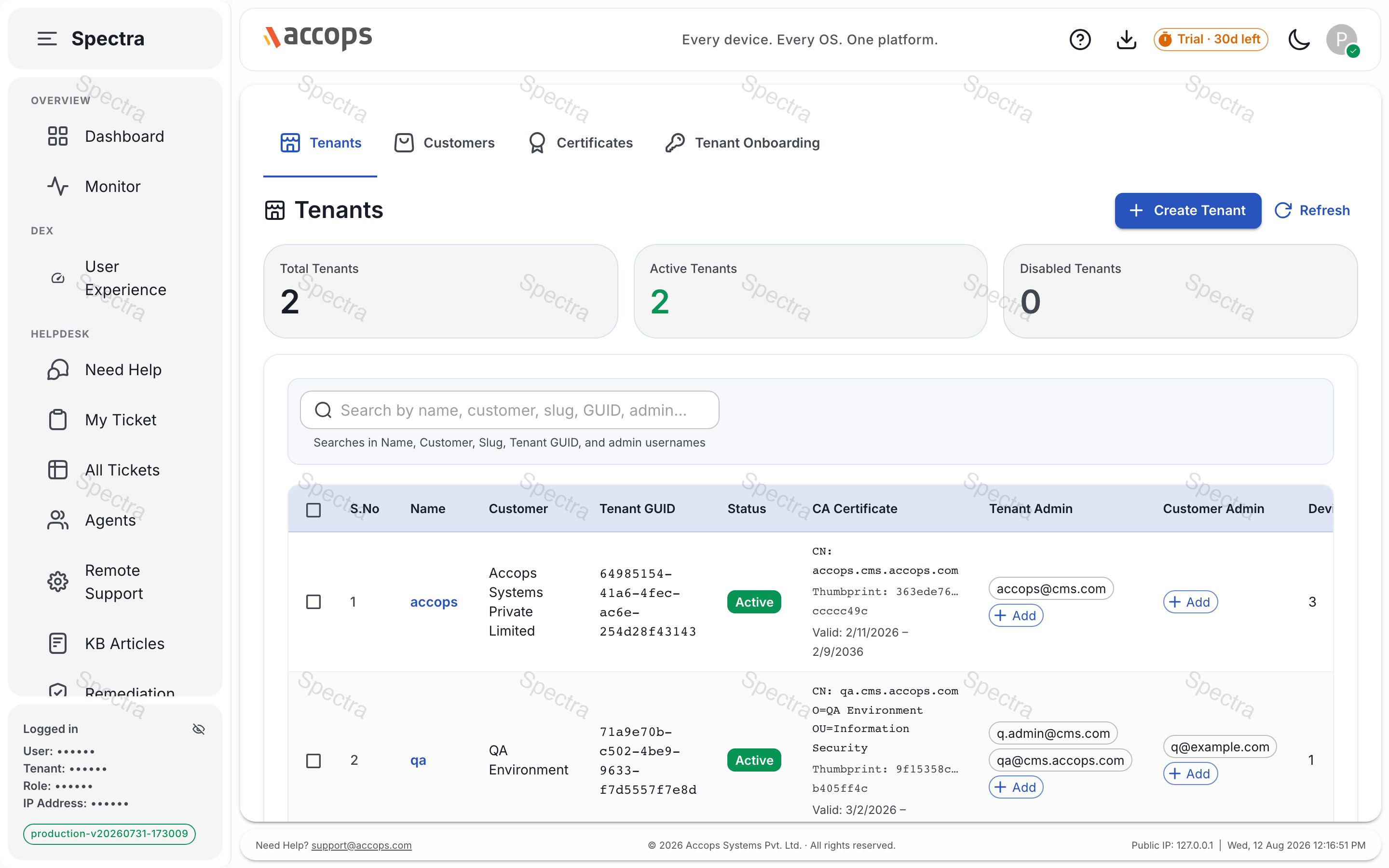 Tenants — multi-tenant administration with per-tenant CA and SAML