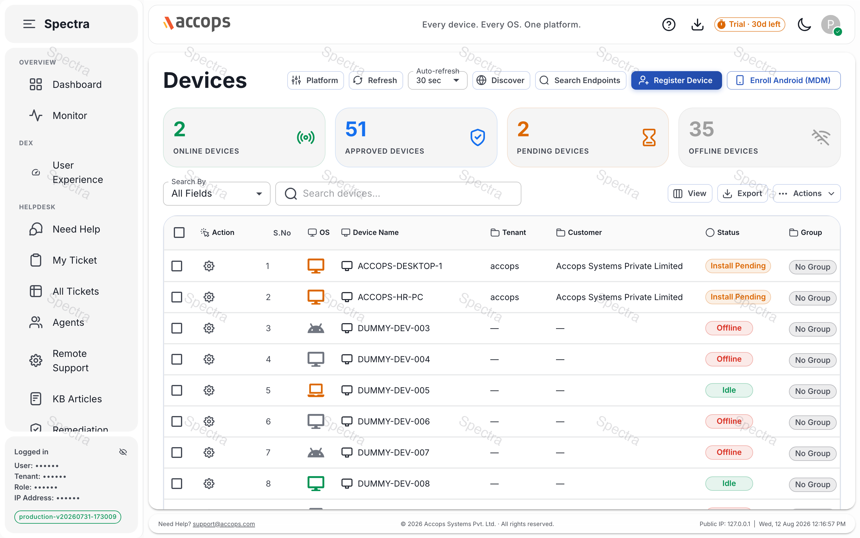 Devices — inventory + lifecycle hub with auto-refresh