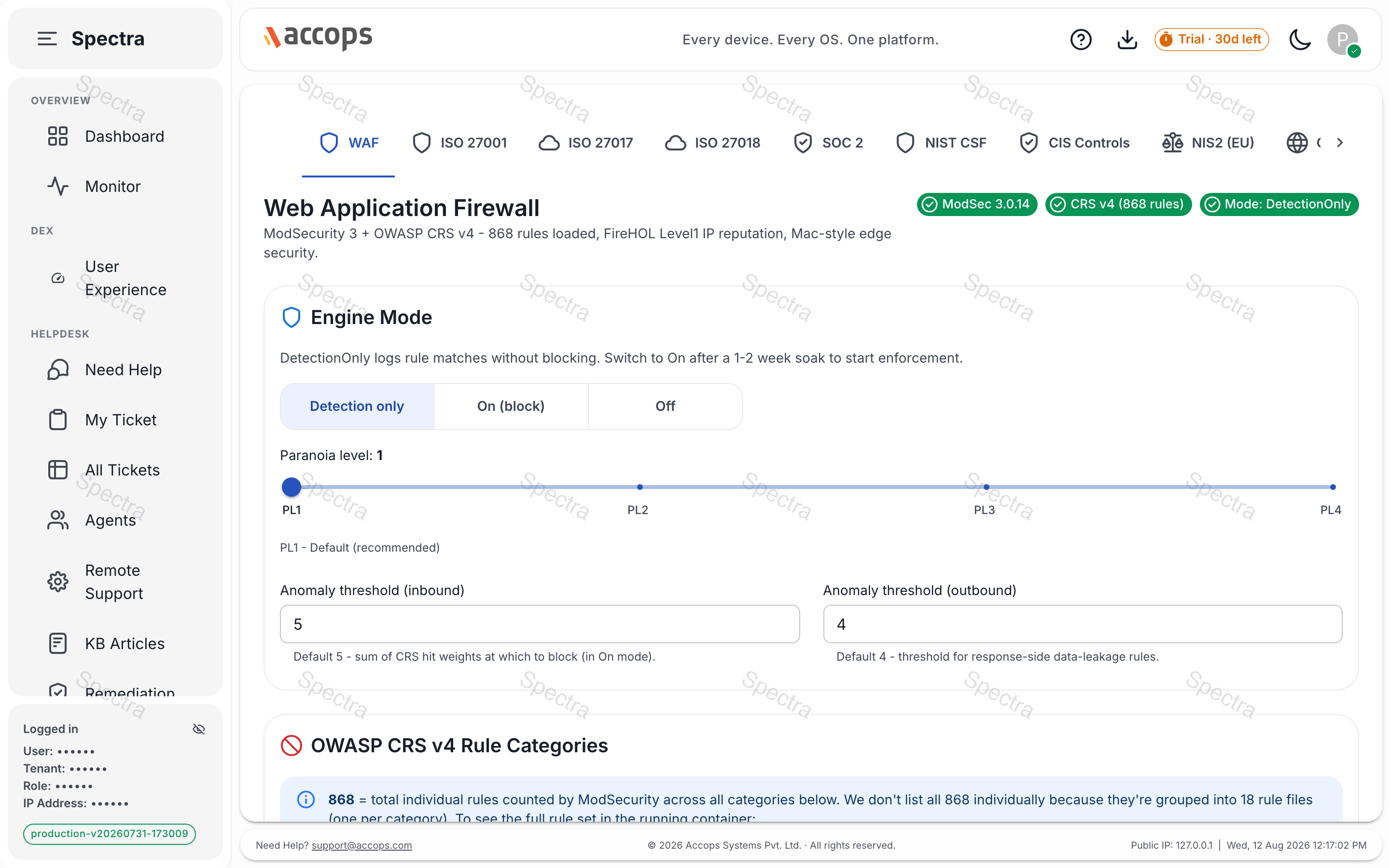 Security — WAF engine and compliance frameworks