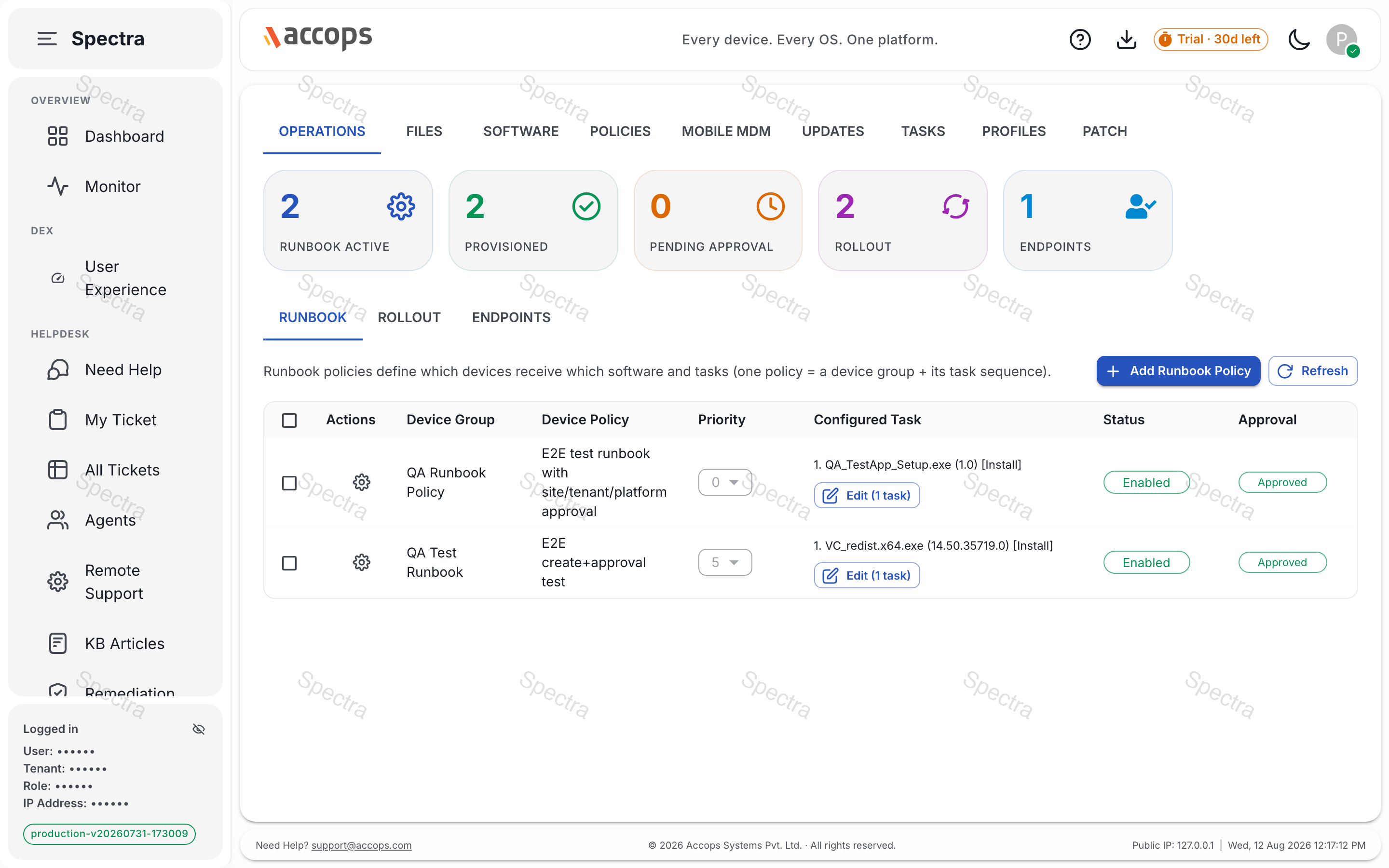 Management — files, software, policies, tasks, patch, MDM