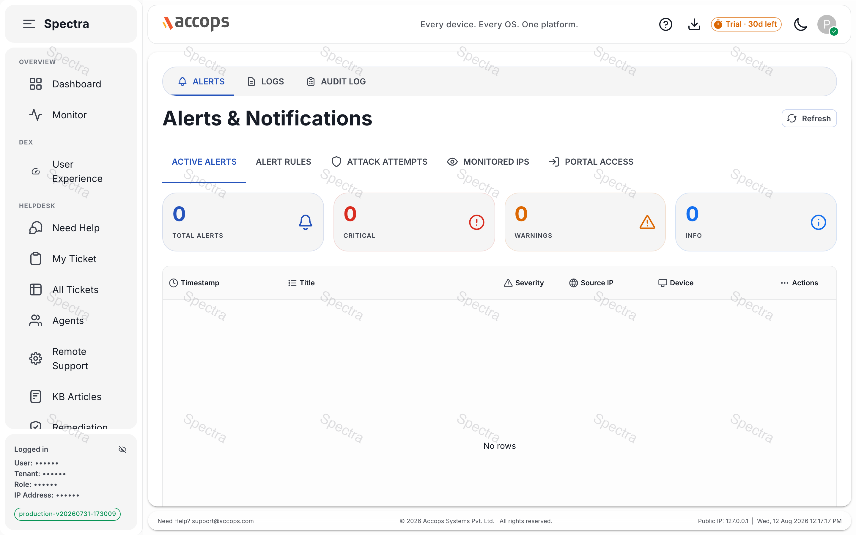 Insights — alerts, logs, audit trail