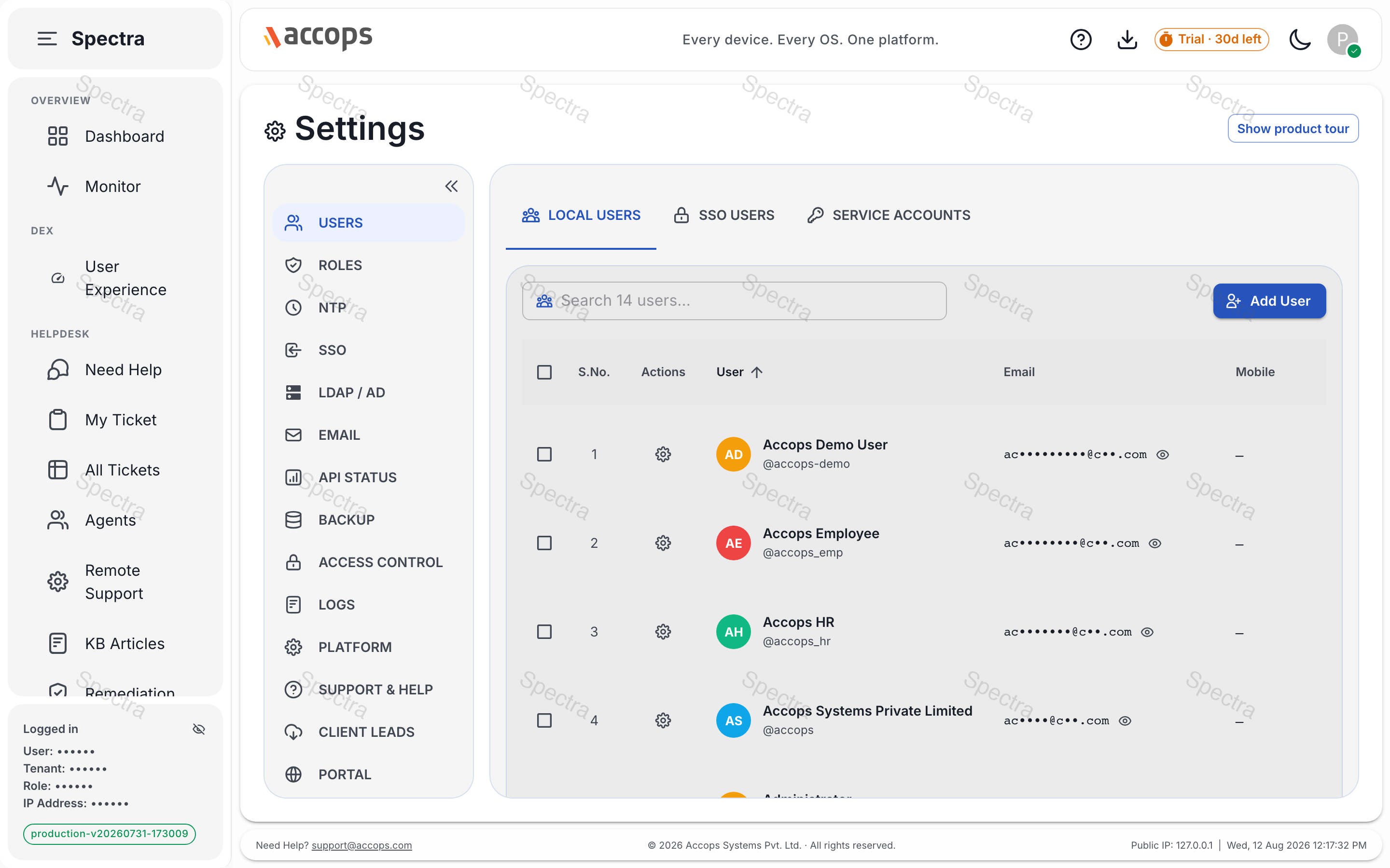 Settings — users, roles, SSO, email, backup, platform